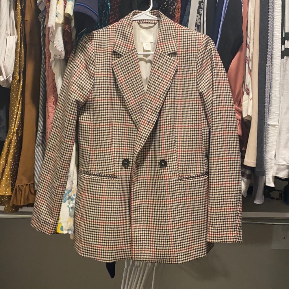 H&M Brown and Red Houndstooth Oversized Blazer